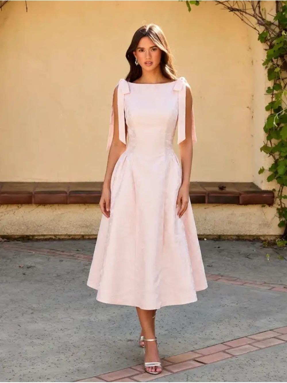 Cider Pale Pink Midi Dress with Shoulder Ties
